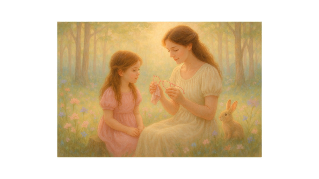 Mother and daughter sitting together outside on a sunny day—the mom gently shows her daughter how to clean her glasses, reminding us that a clear lens leads to clear vision and a brighter view of the world.