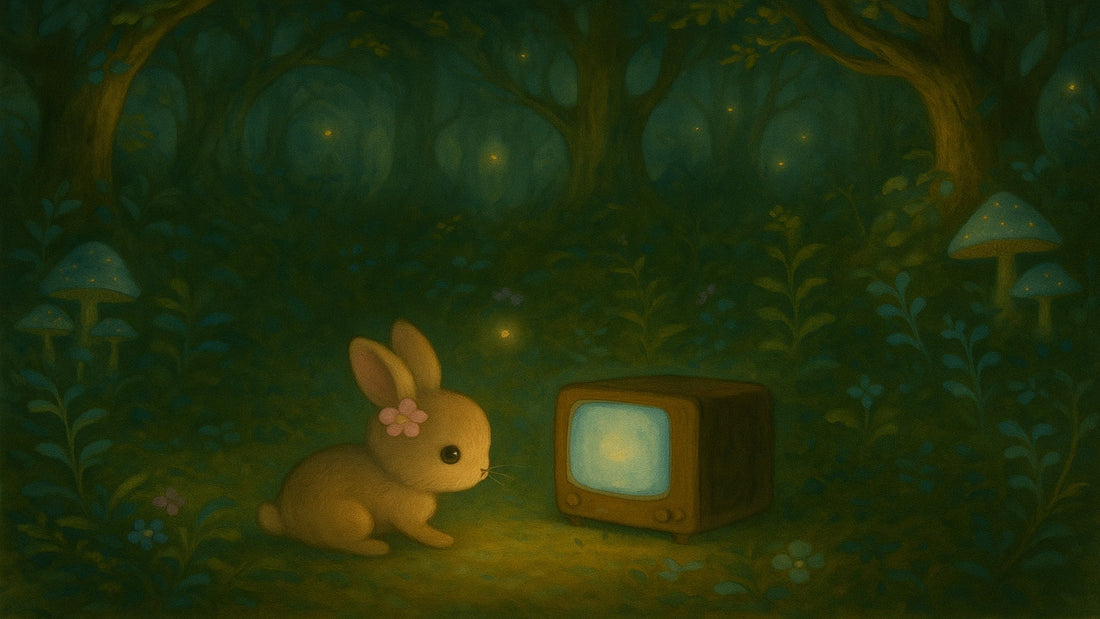 Illustration of a bunny child watching TV alone in the dark —excessive screen time and close-up focus indoors can lead to eye strain and may accelerate myopia in young children.