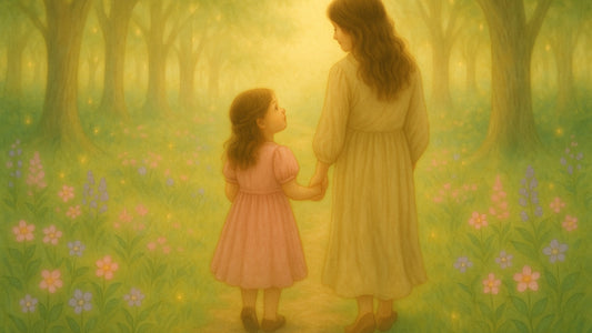 Mother and daughter walking hand in hand through an enchanted forest, sharing a loving gaze—symbolizing a heartfelt journey to create beautifully designed eyewear inspired by one little girl and made for girls everywhere.