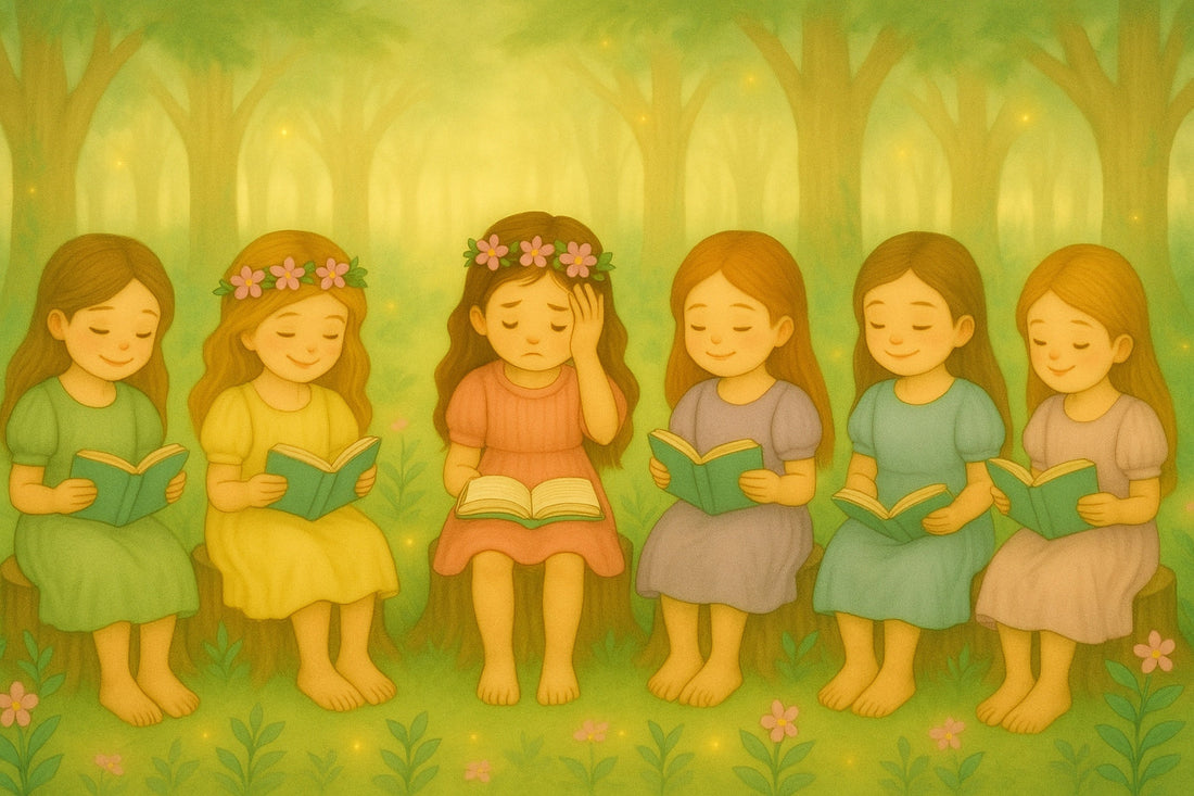 Group of girls reading books on tree stumps outdoors—while most are smiling, one girl holds her head in discomfort, showing signs of a headache and reading struggle, possibly due to undiagnosed vision issues