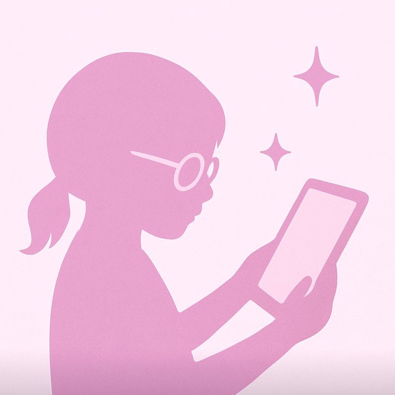 Silhouette of a girl wearing glasses using a tablet with sparkling effects on a pink background