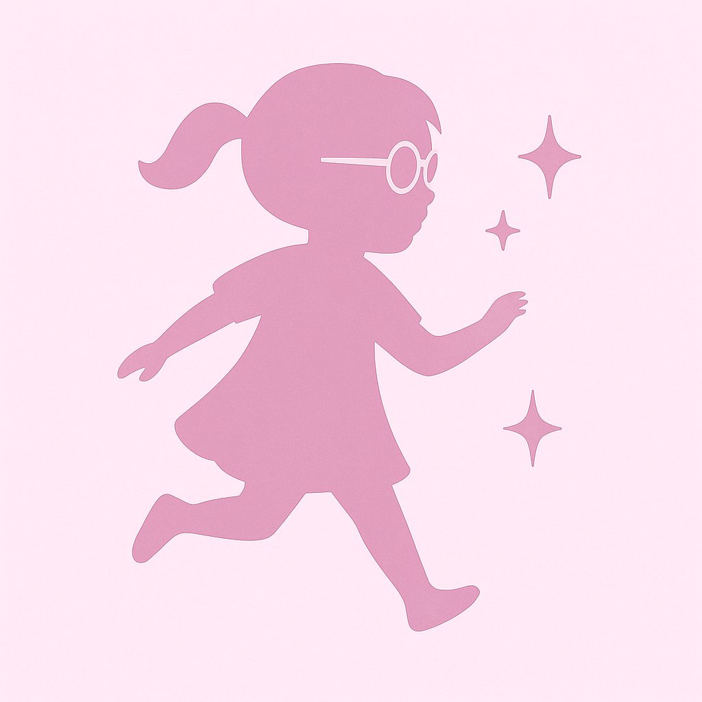 Silhouette of a girl with pigtails and glasses on a pink background with stars.