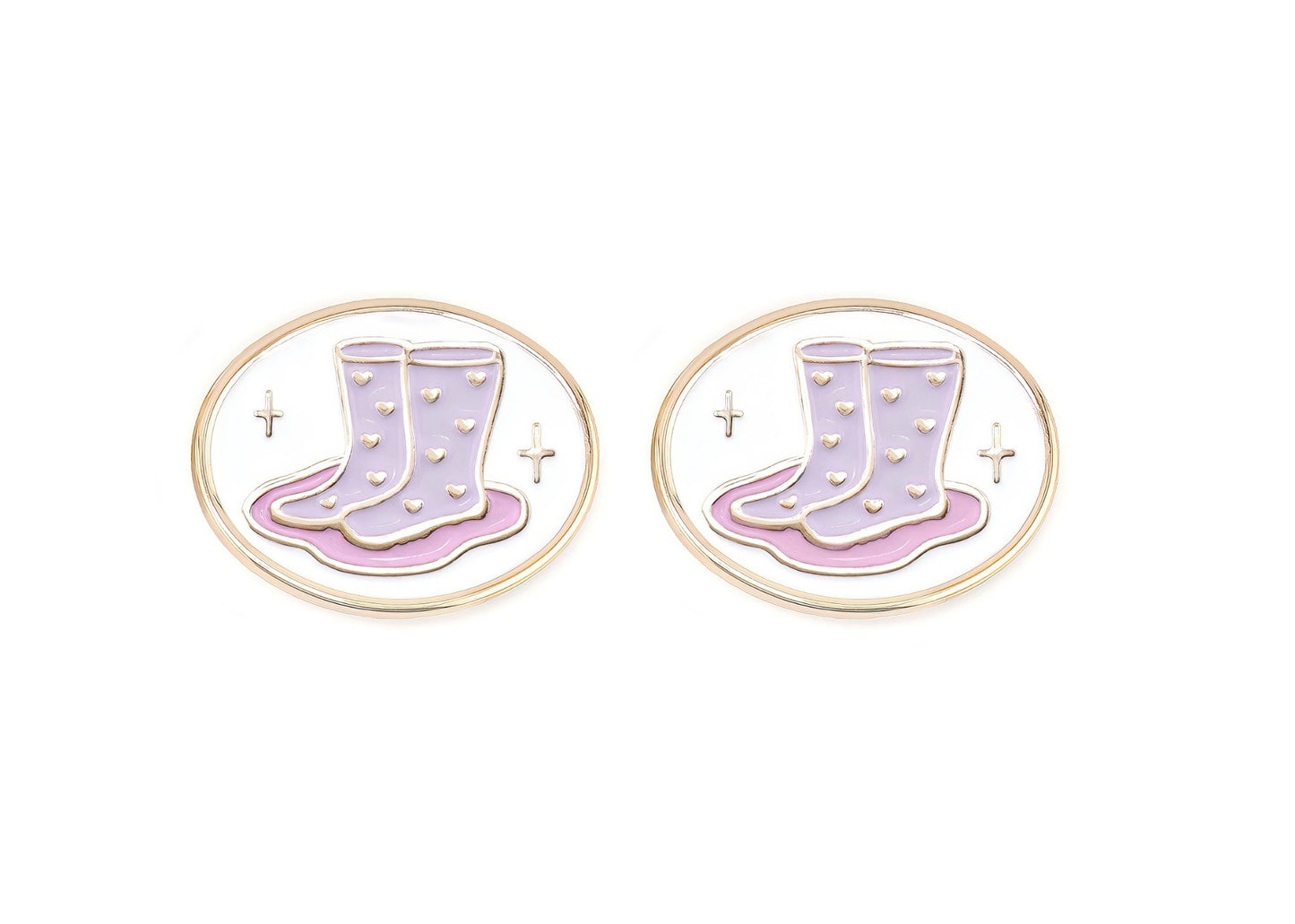 Pair of charms for girls eyeglasses with pink and purple rainboots design on a white background