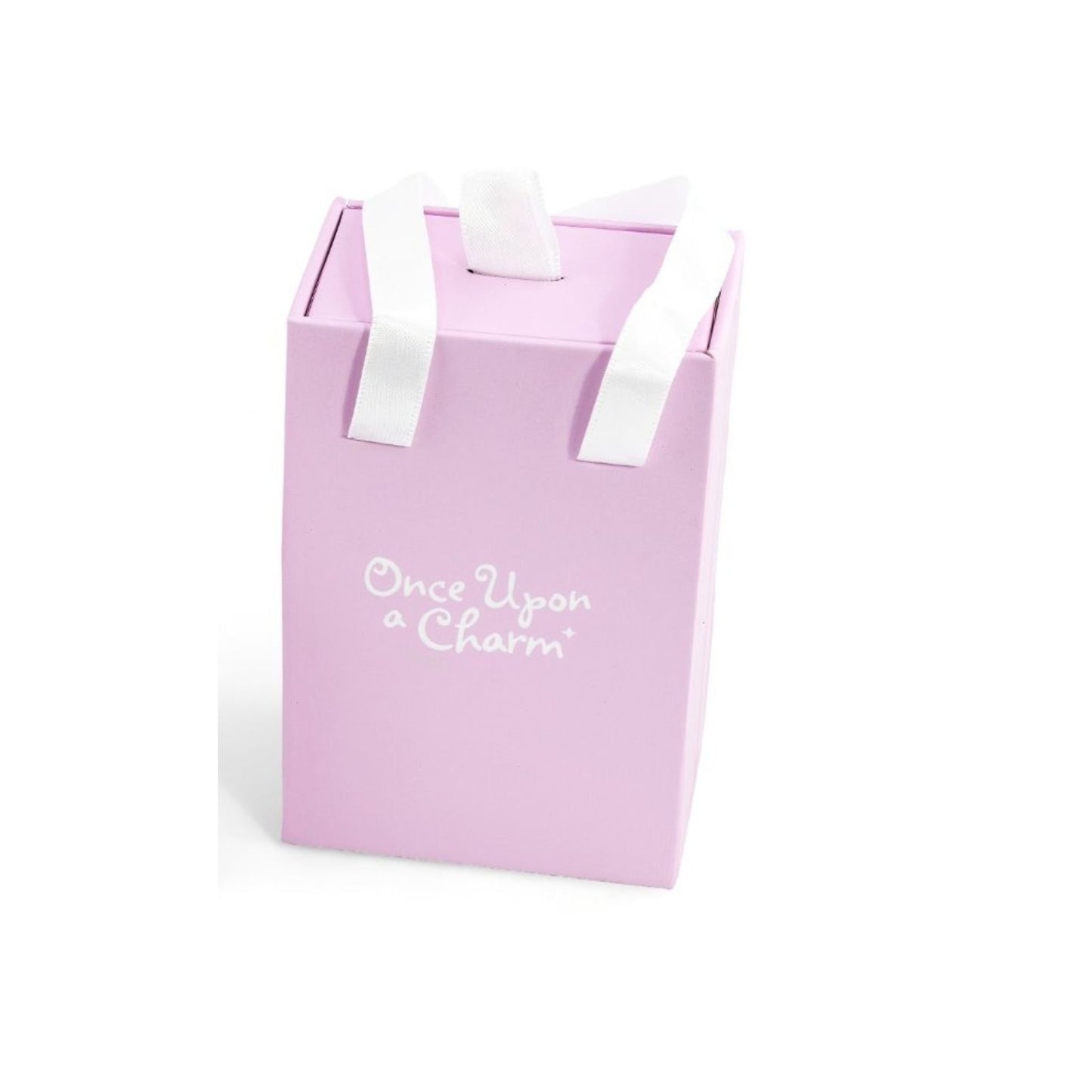 Pink gift bag with white handles and 'Once Upon a Charm' text on a white background