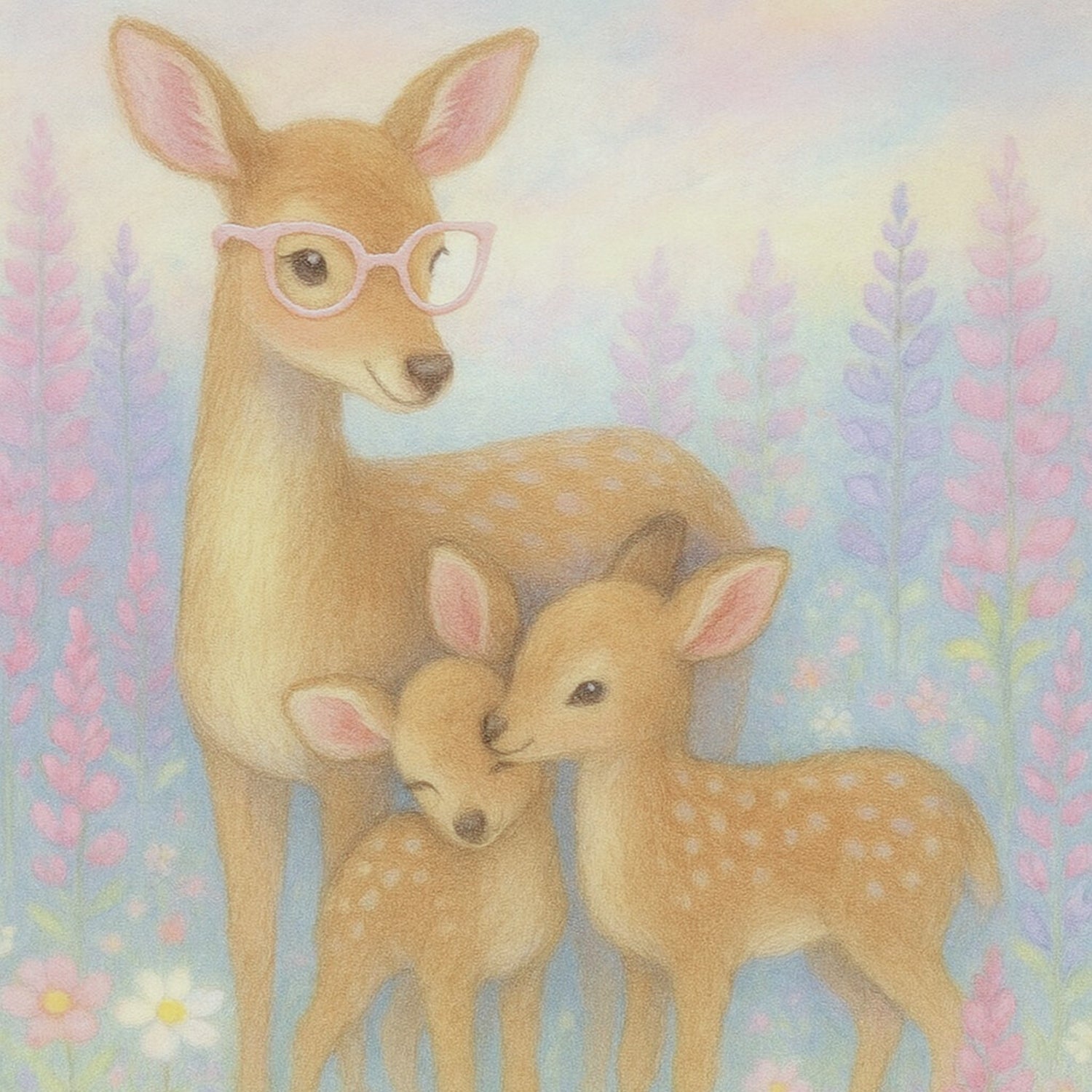 Deer family with pink glasses in a pastel floral background