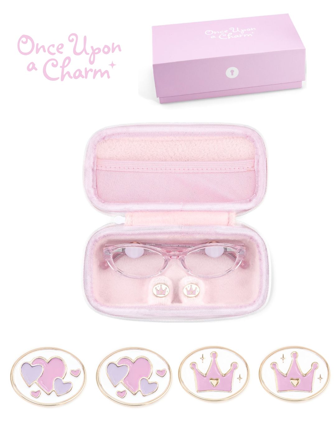 Pink eyeglass case with pink eyeglasses and decorative charms on a white background