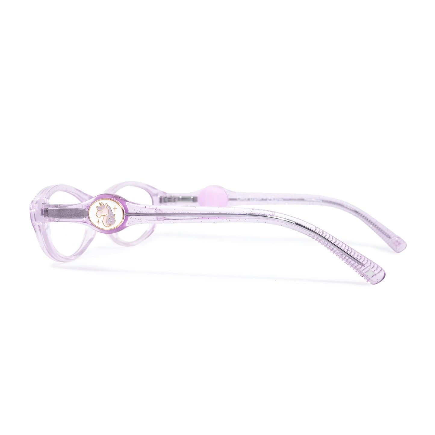 Clear and purple eyeglasses on a white background