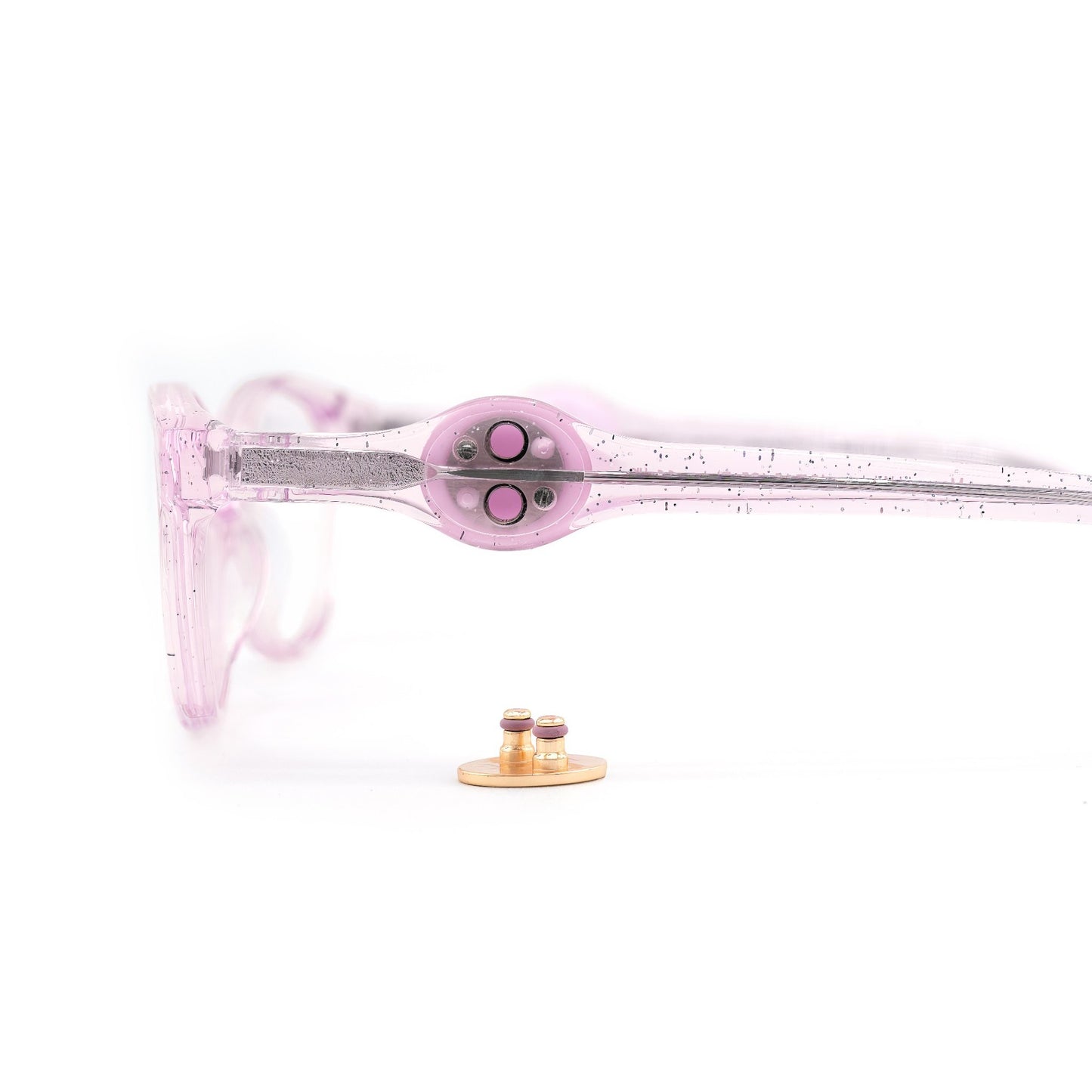 Pink glasses with a patent-pending interchangeable charm system that allows girls to change charms and make wearing glasses fun