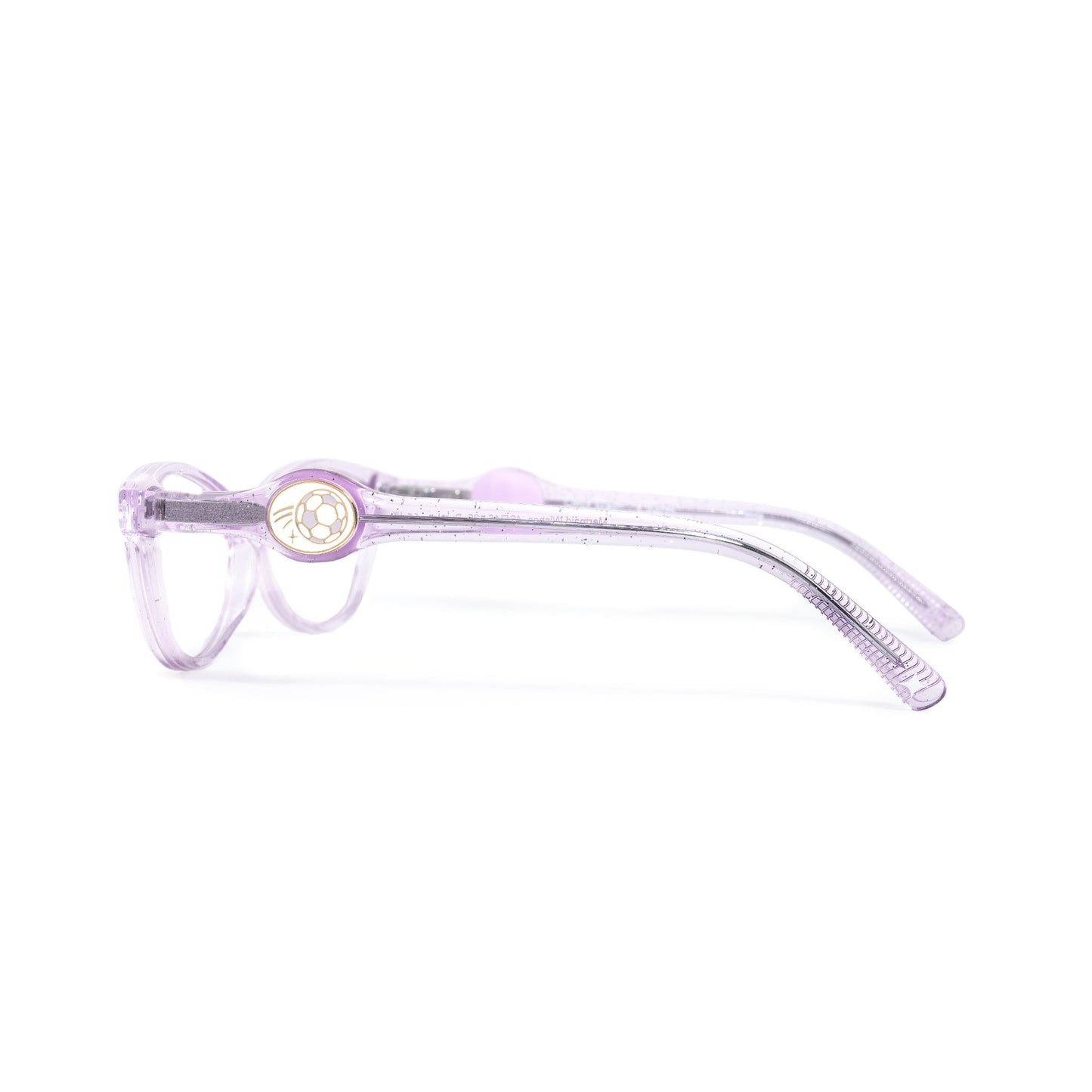 Translucent purple eyeglasses with a interchangeable charm, a soccer ball, on a white background