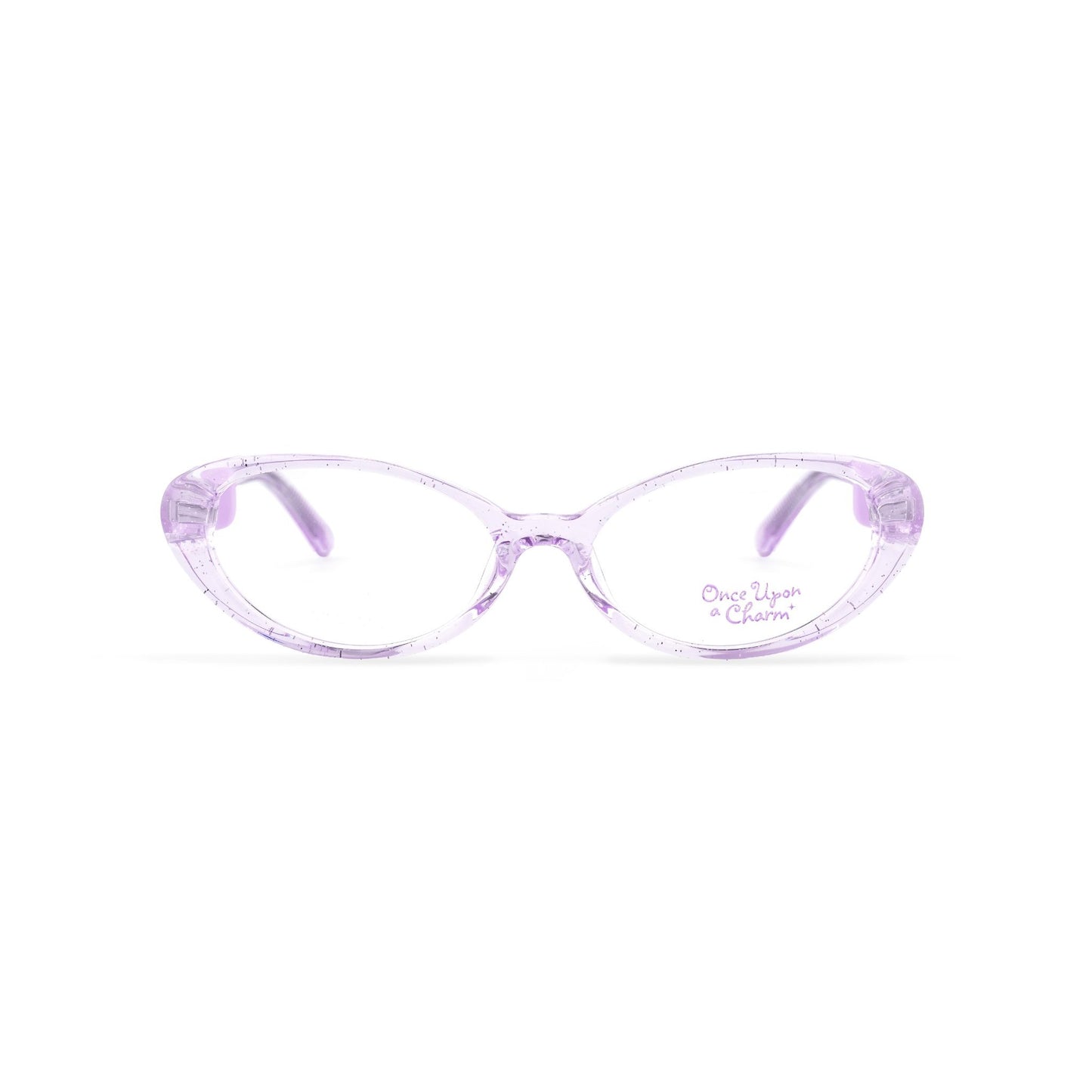 Cute purple eyeglasses for kids that are translucent sitting on a white background