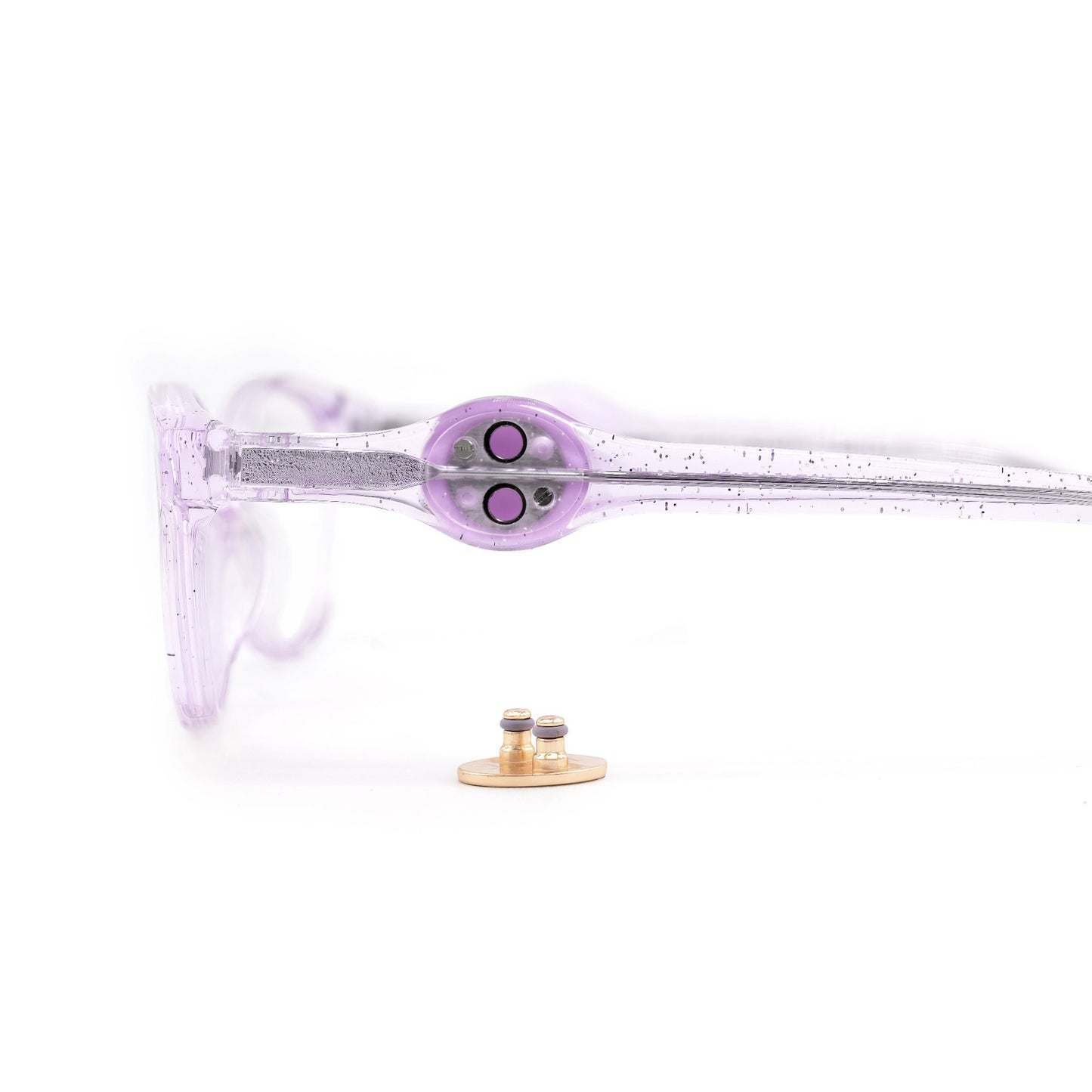 Translucent purple glasses for girls with interchangeable charms to decorate the arms (temples) of the glasses