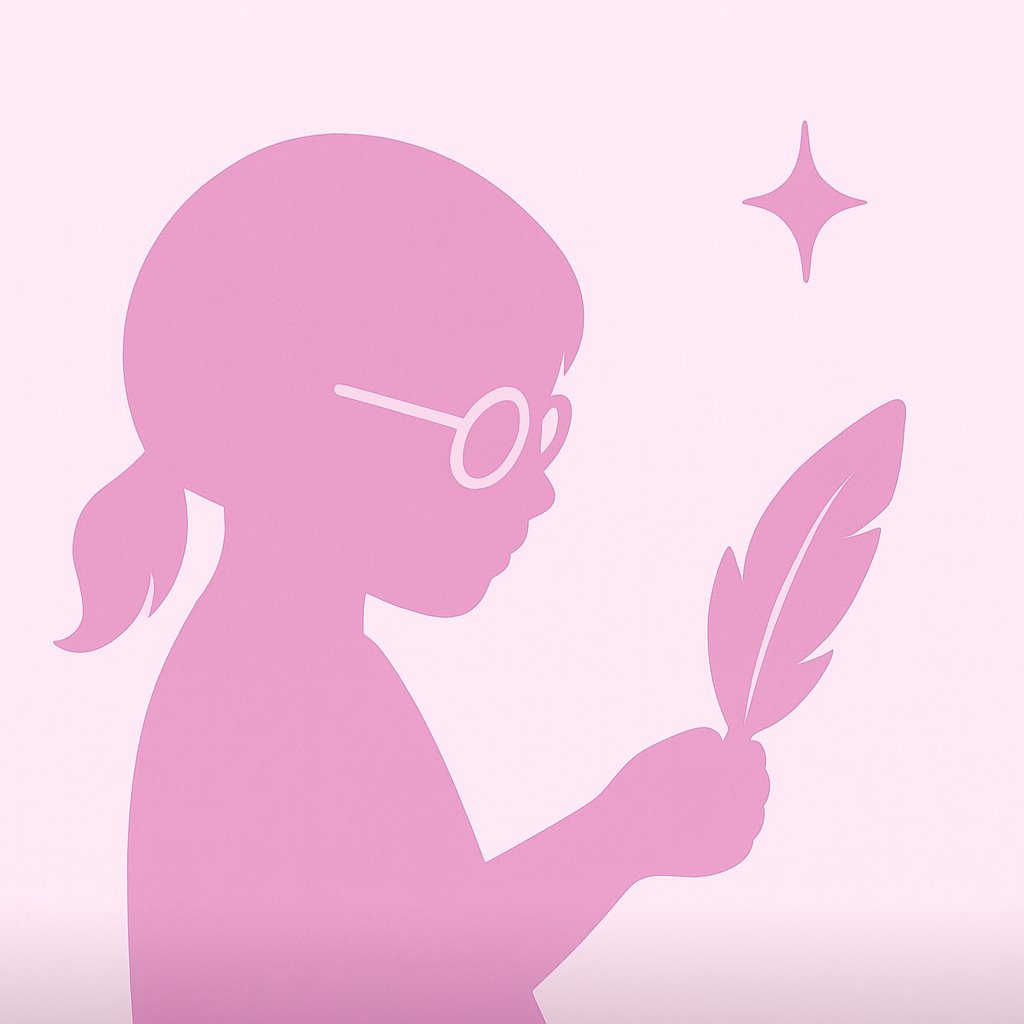 Silhouette of a girl with glasses holding a feather against a pink background