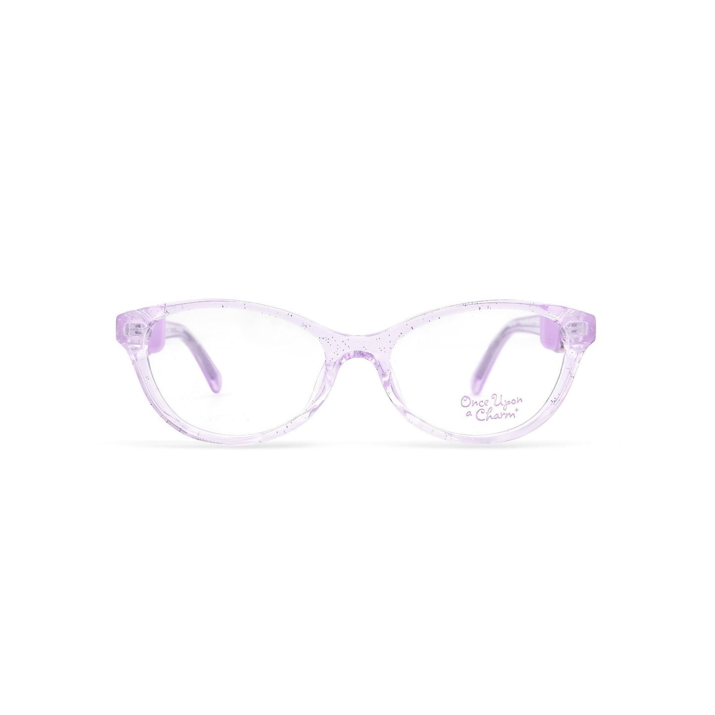 Purple translucent eyeglasses with a little sparkle on a white background