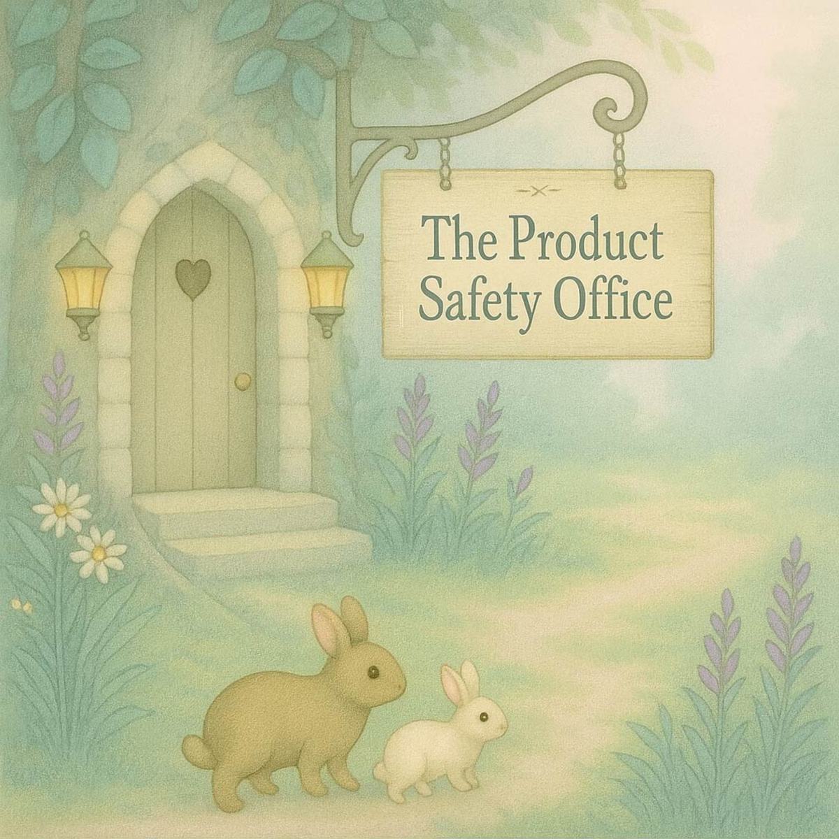 Illustration of a quaint house with a sign 'The Product Safety Office' and two rabbits in a garden setting.
