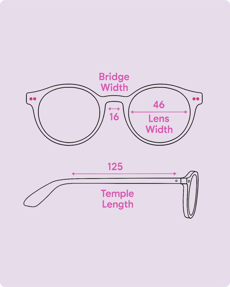 Diagram of a pair of glasses with measurements on a light purple background