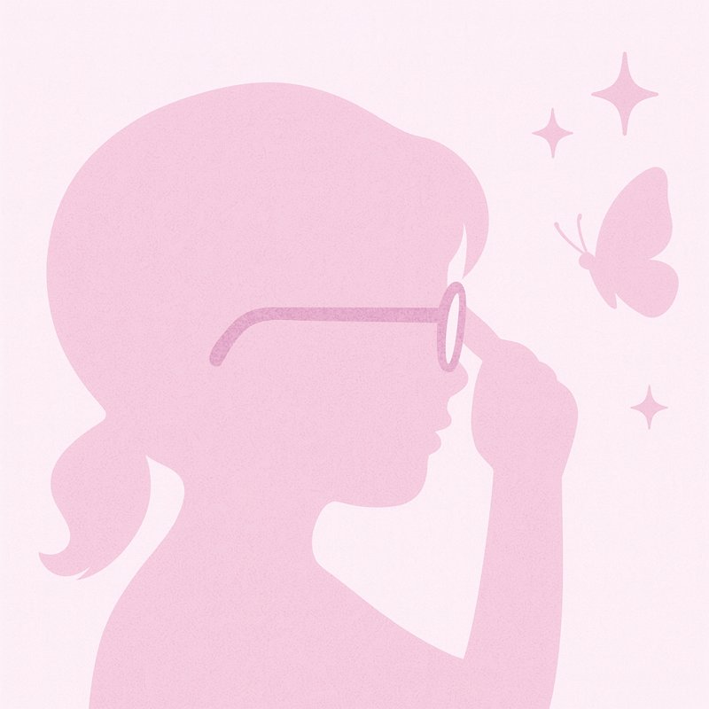 Silhouette of a girl with pigtails wearing cute glasses on a pink background with stars and a butterfly.