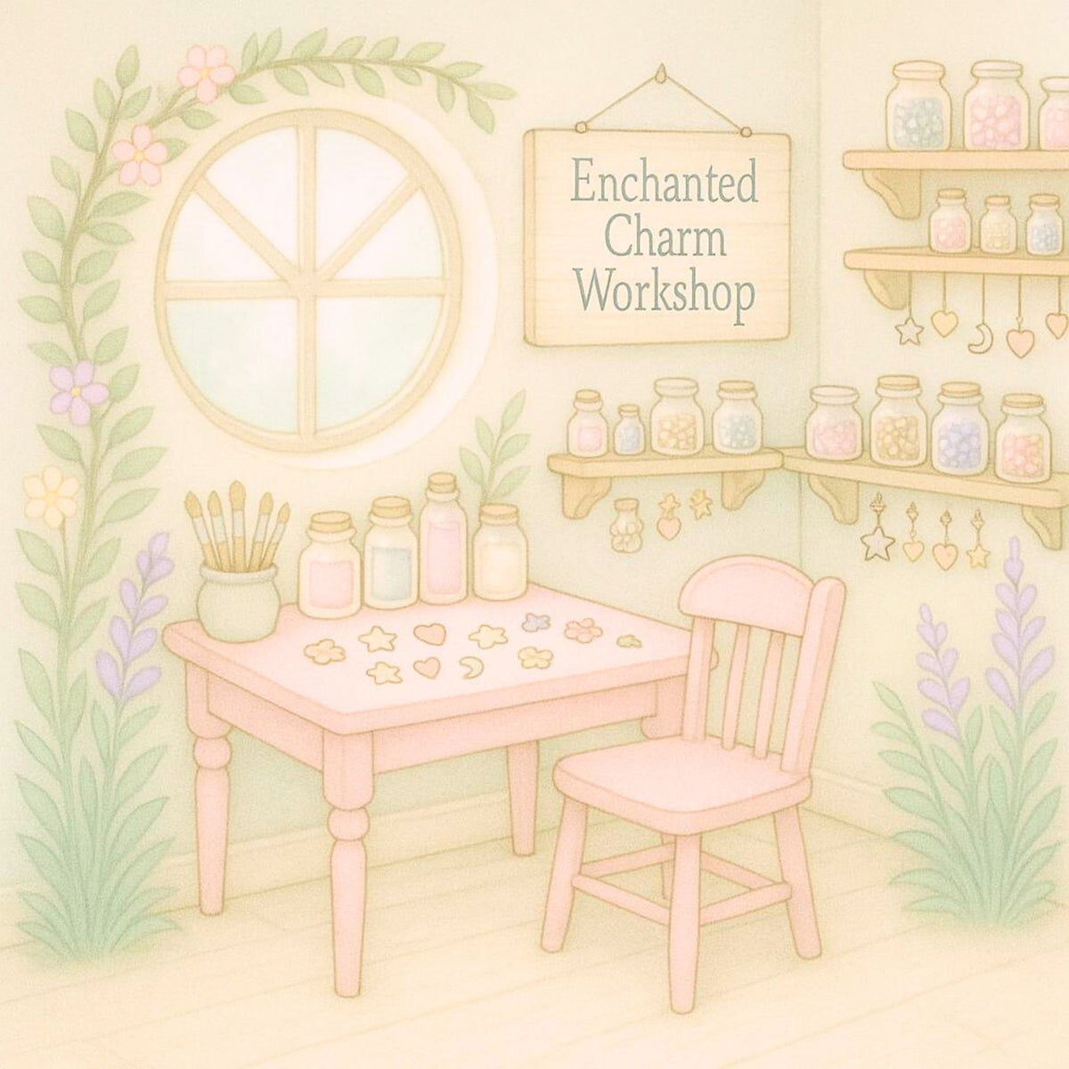 Pastel-colored room with a table, chair, and shelves labeled 'Enchanted Charm Workshop'.