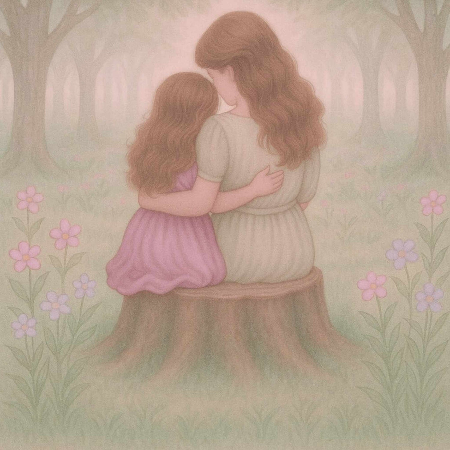 Illustration of a mother and daughter sitting on a tree stump in a forest with flowers around.
