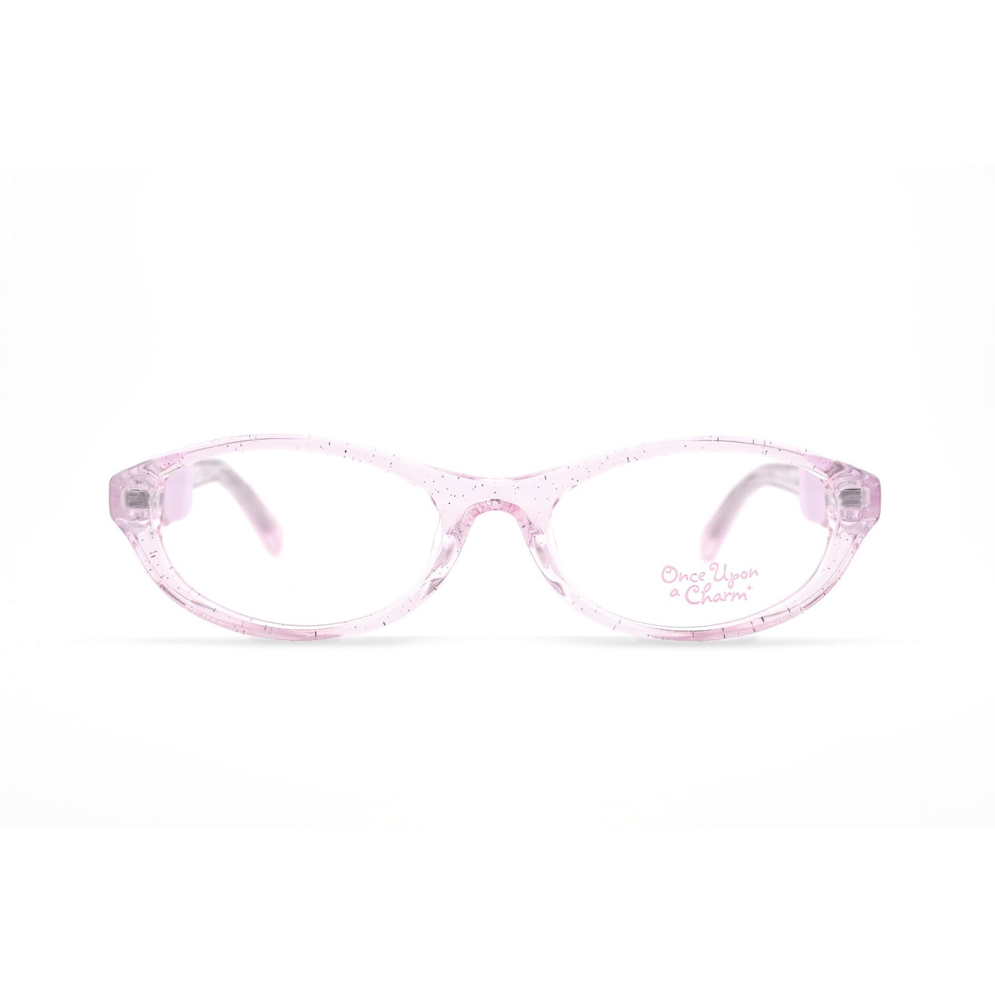 Pink translucent eyeglasses on a white background