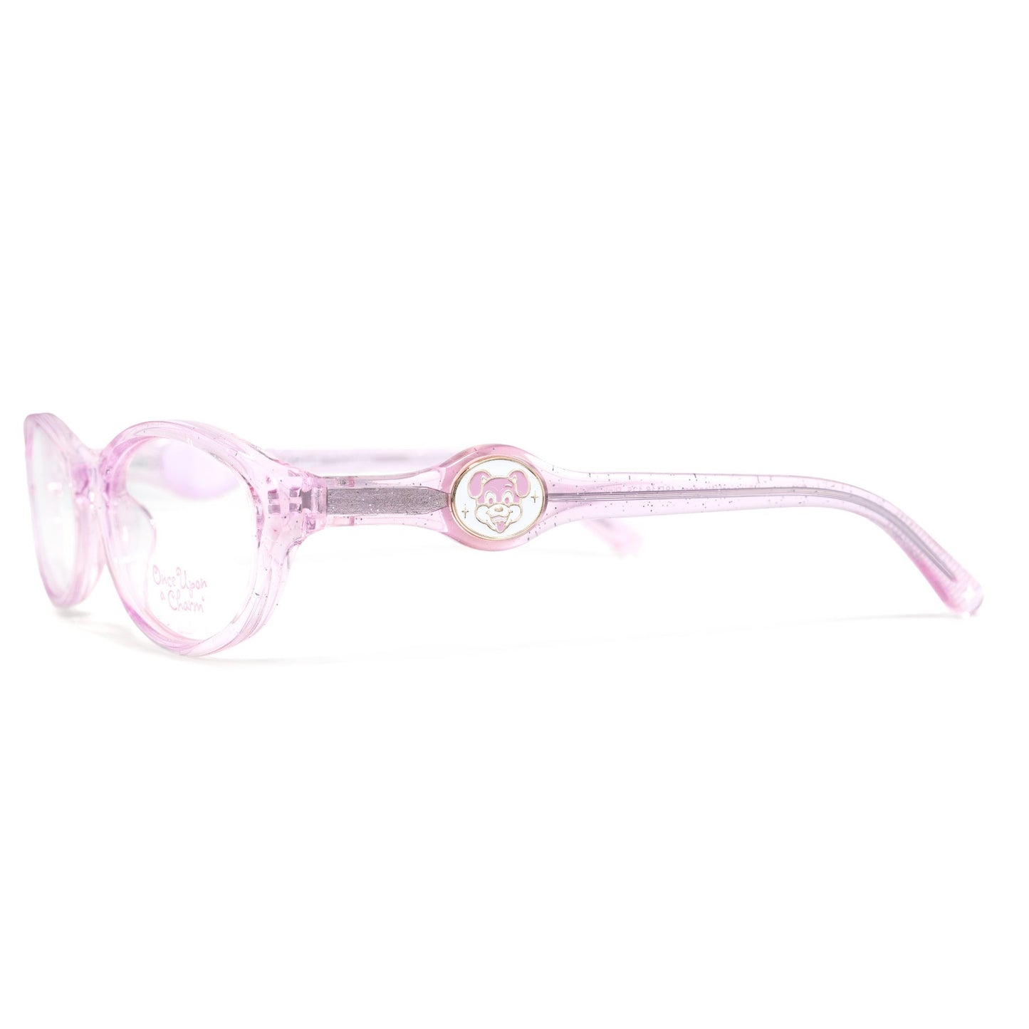 Pink eyeglasses side view showing the interchangeable patented charm system, the charm is a cute puppy
