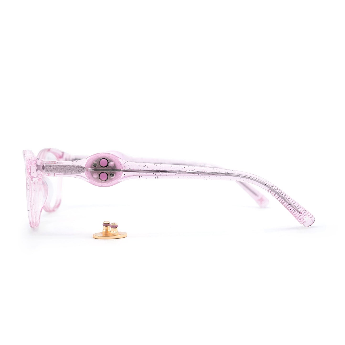 Pink eyeglasses side view showing the interchangeable patented charm system