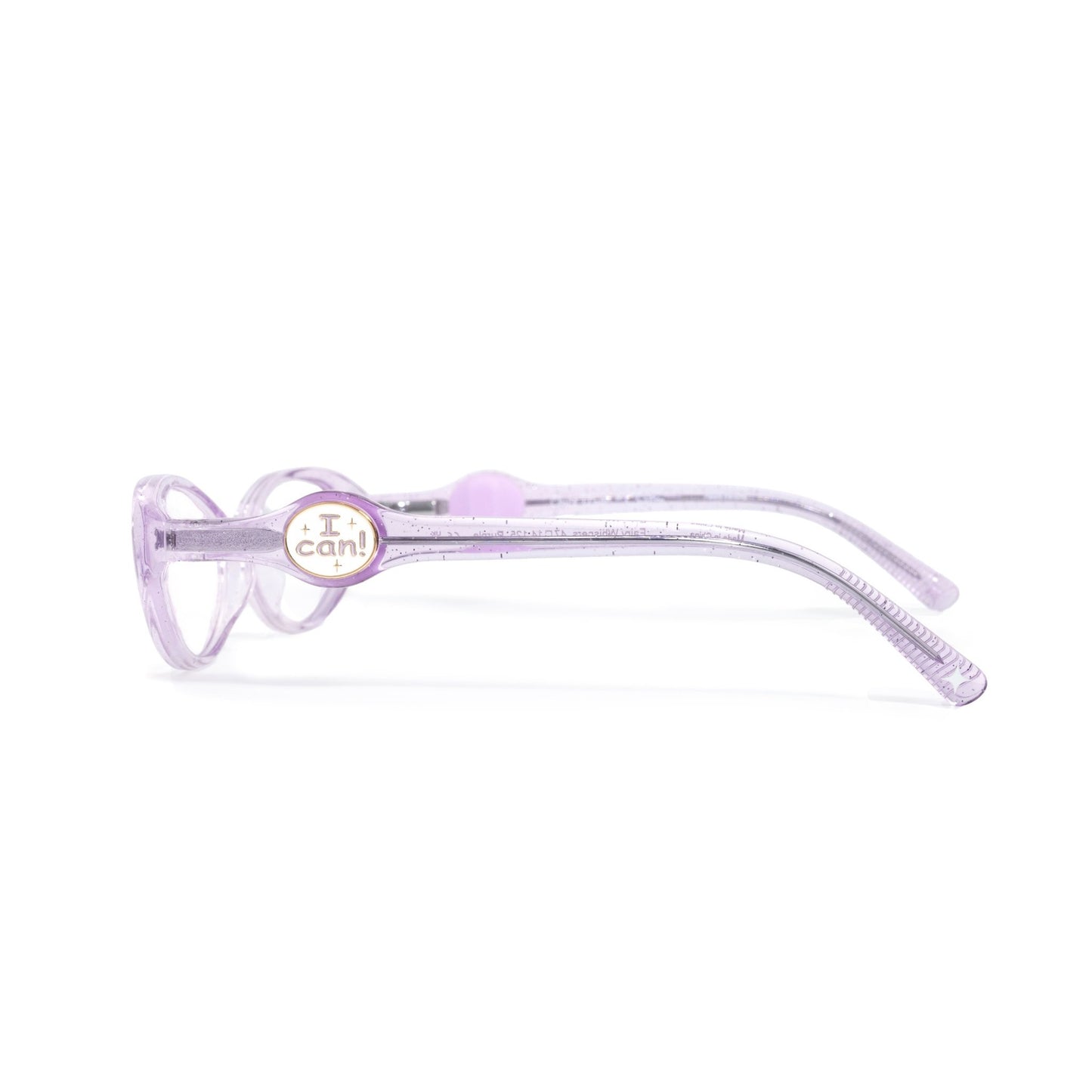 Cute purple kids eyeglasses side view showing the interchangeable patented charm system, this one showing an inspirational "I Can!" charm