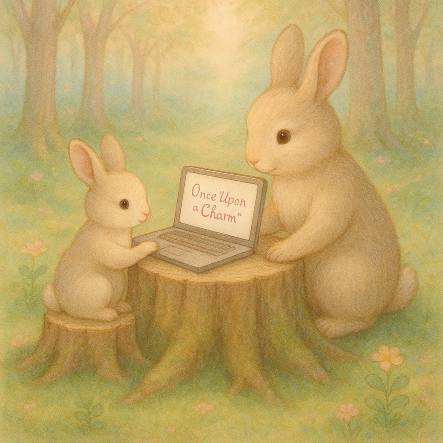Two rabbits in a forest setting using a laptop with 'Once Upon a Charm' on the screen.