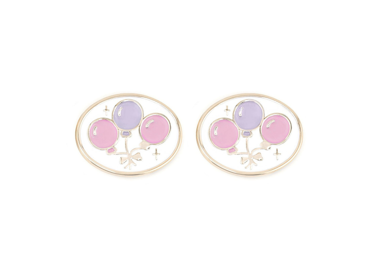 Pair of earrings with pink and purple balloon designs on a white background