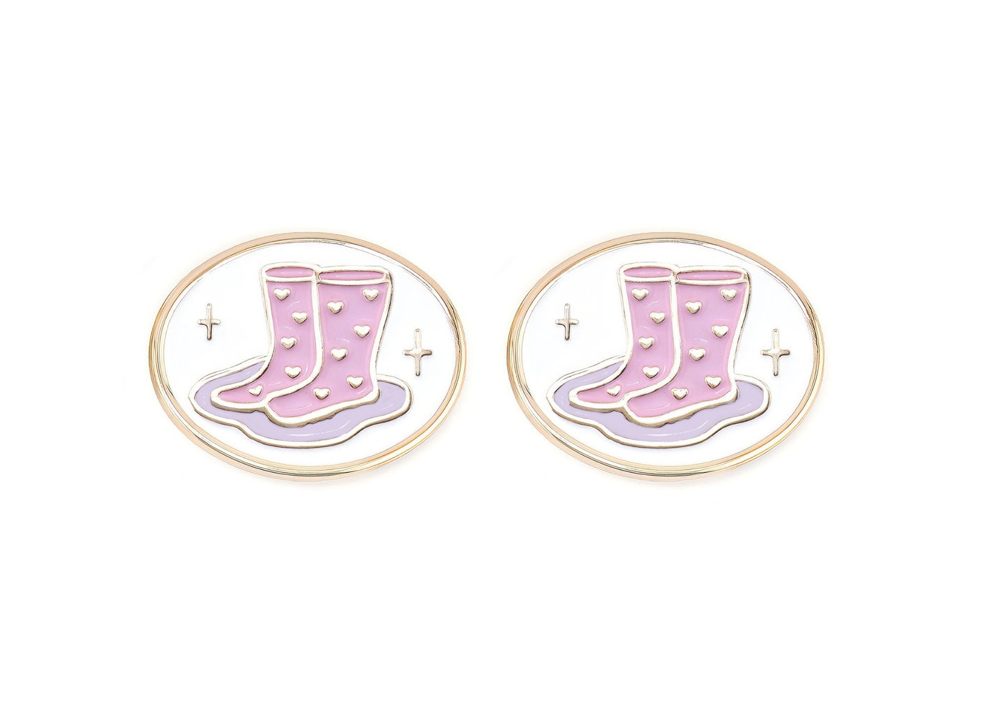Pair of charms for girls eyeglasses with pink and purple rainboots design on a white background