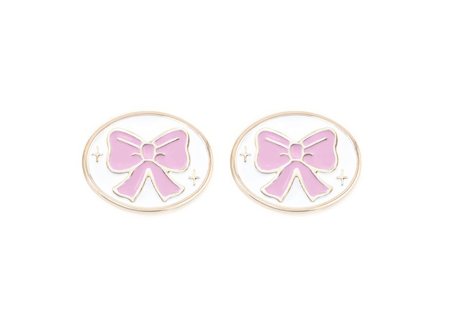 Pair of charms for girls eyeglasses with pink bow design on a white background