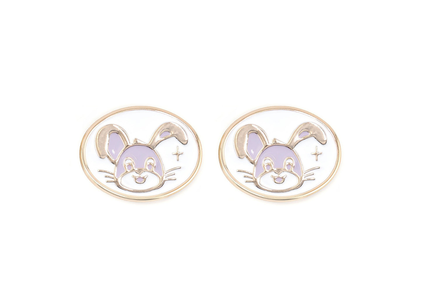 Pair of charms for girls eyeglasses with purple bunny design on a white background