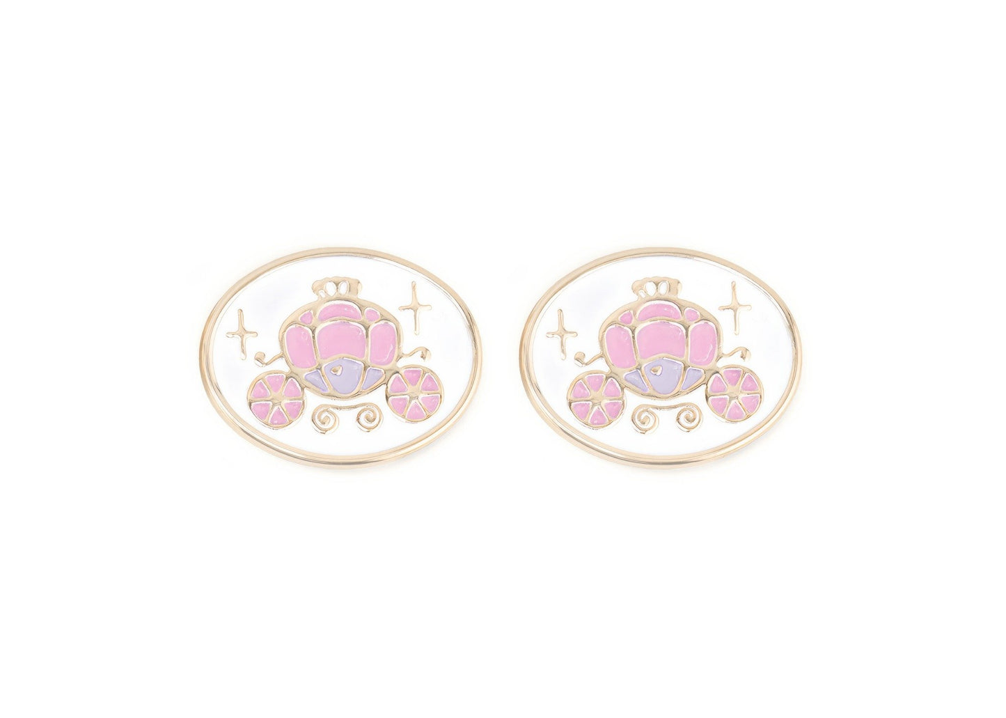 Pair of charms for girls eyeglasses with pink carriage design on a white background