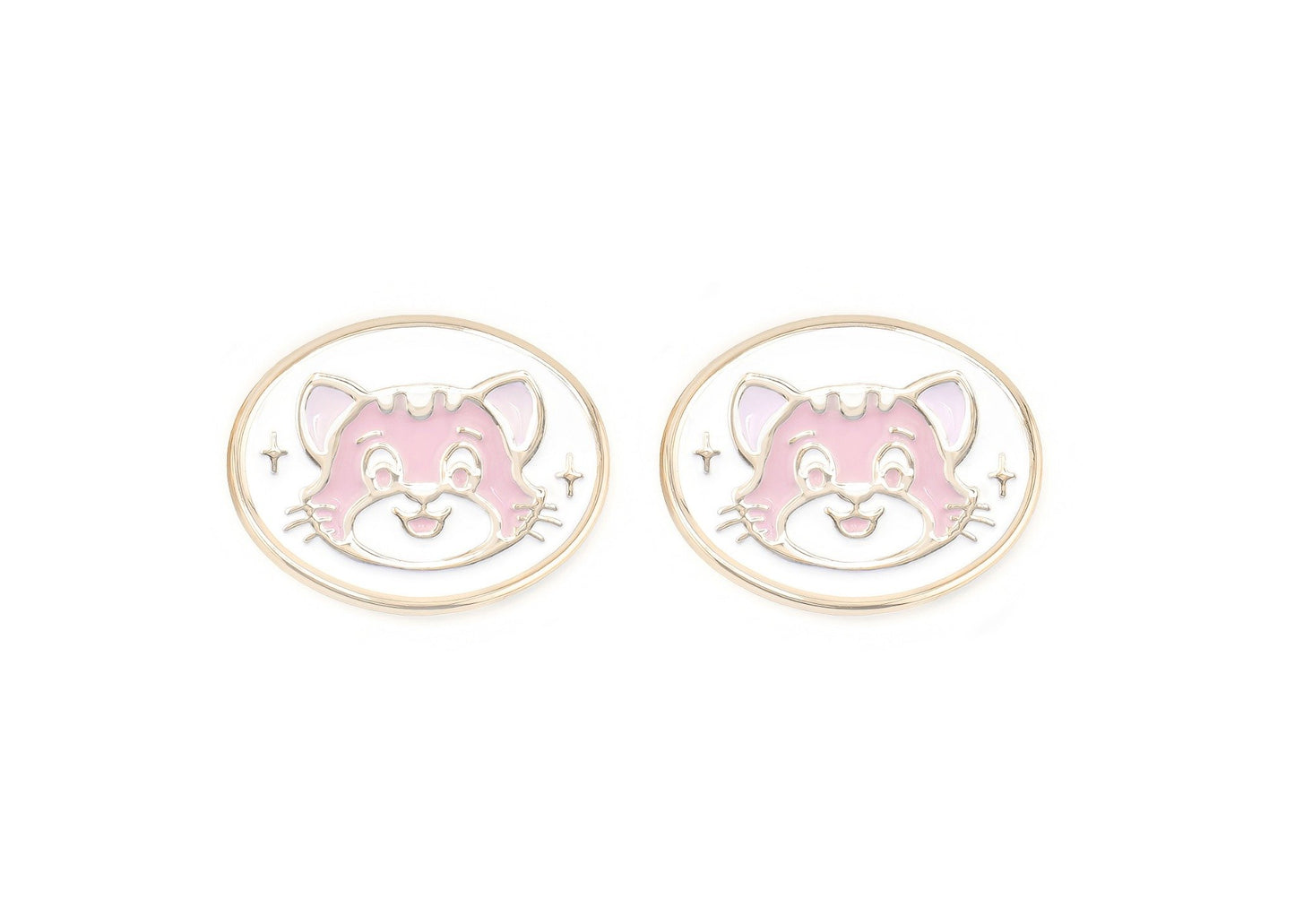Cat-shaped earrings with pink faces on a white background