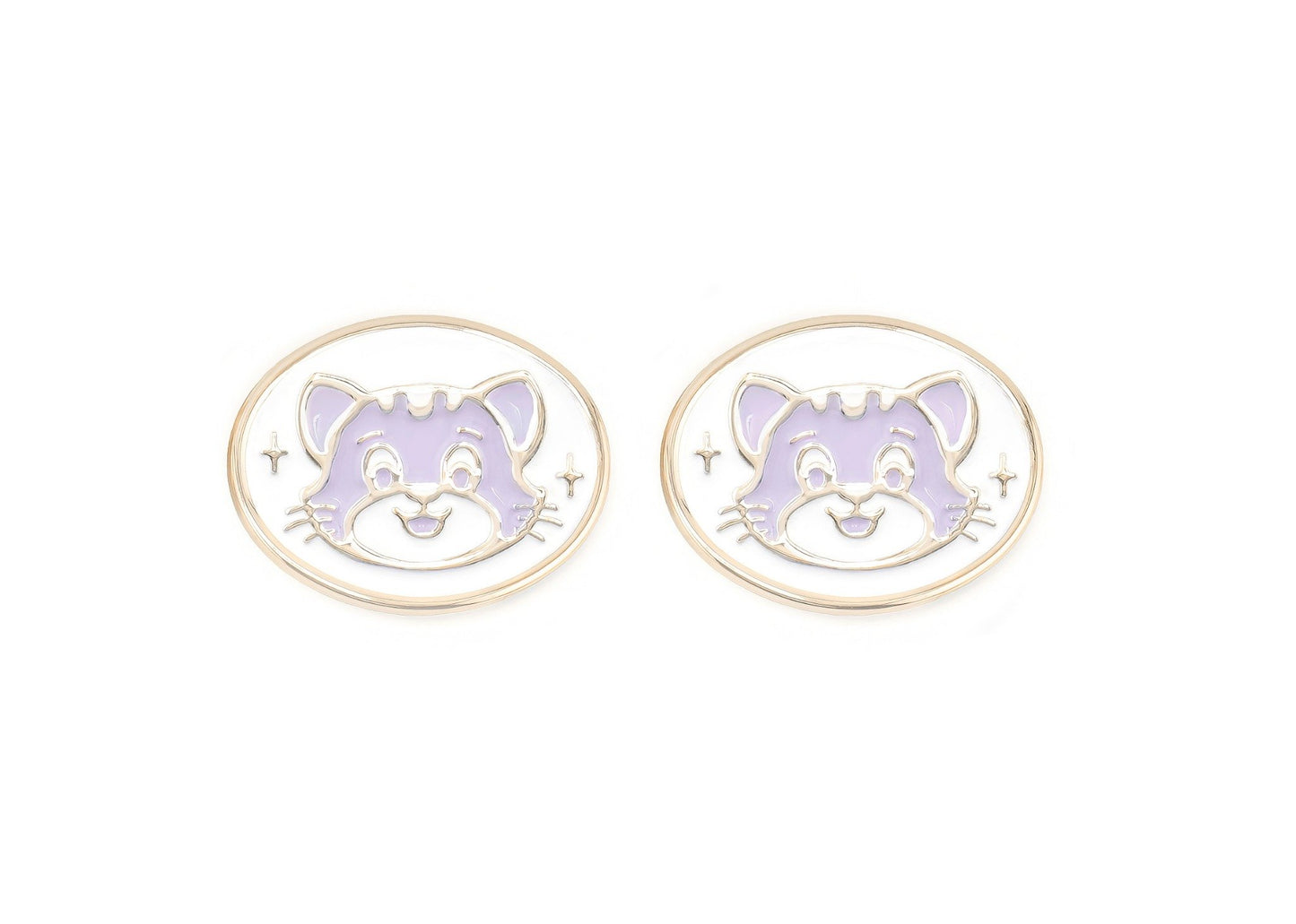 Pair of charms for girls eyeglasses with purple cat design on a white background