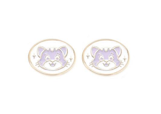 Pair of charms for girls eyeglasses with purple cat design on a white background