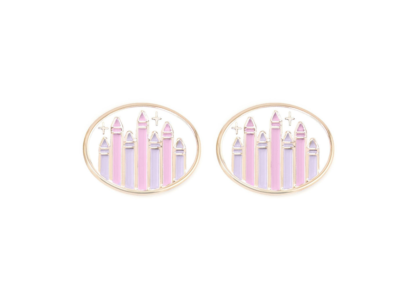 Pair of charms for girls eyeglasses with pink and purple crayons design on a white background