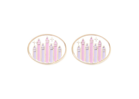Pair of charms for girls eyeglasses with pink and purple crayons design on a white background