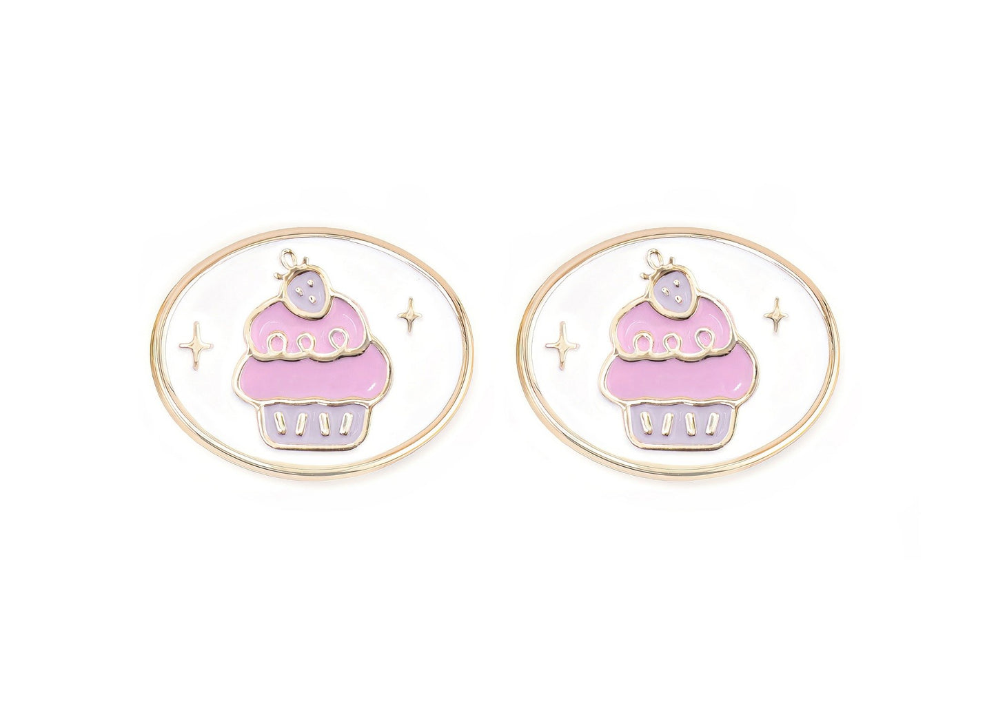 Pair of charms for girls eyeglasses with pink and purple cupcake design on a white background