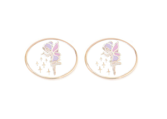 Pair of charms for girls eyeglasses with pink and purple fairy design on a white background