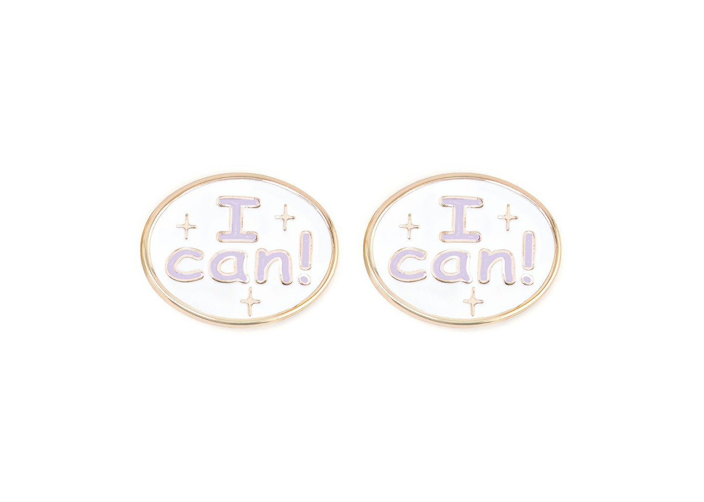 Pair of charms for girls eyeglasses with purple "I Can!" design on a white background
