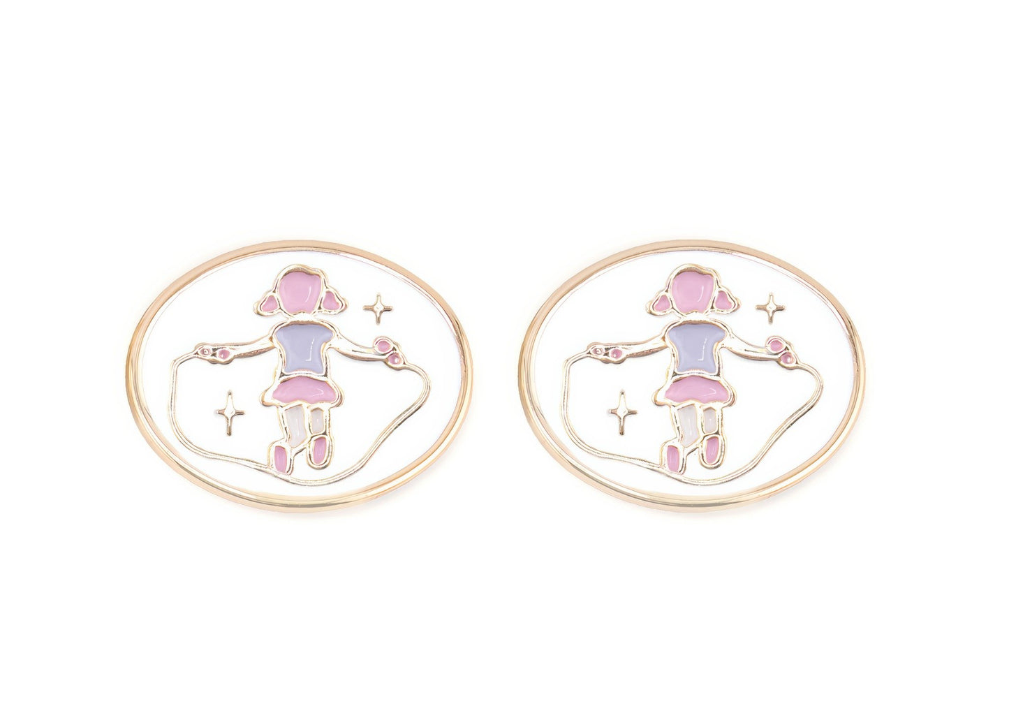 Pair of glasses charms with a design of a girl holding a heart on a white background