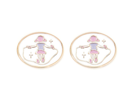 Pair of glasses charms with a design of a girl holding a heart on a white background