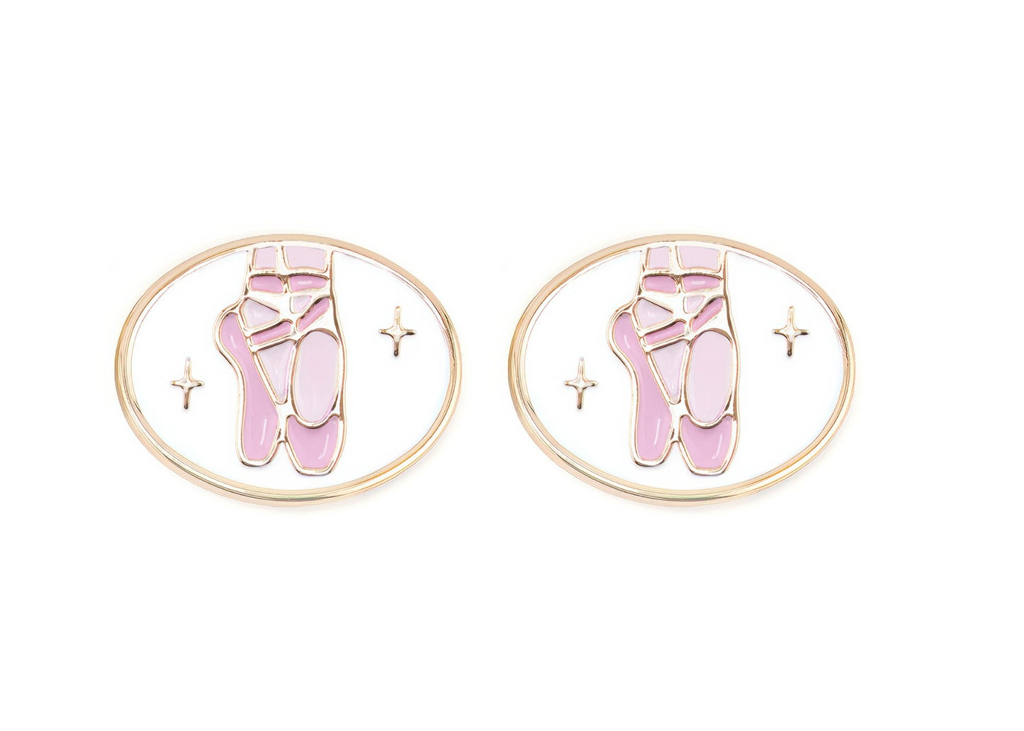 Pair of earrings with pink ballet shoes design on a white background