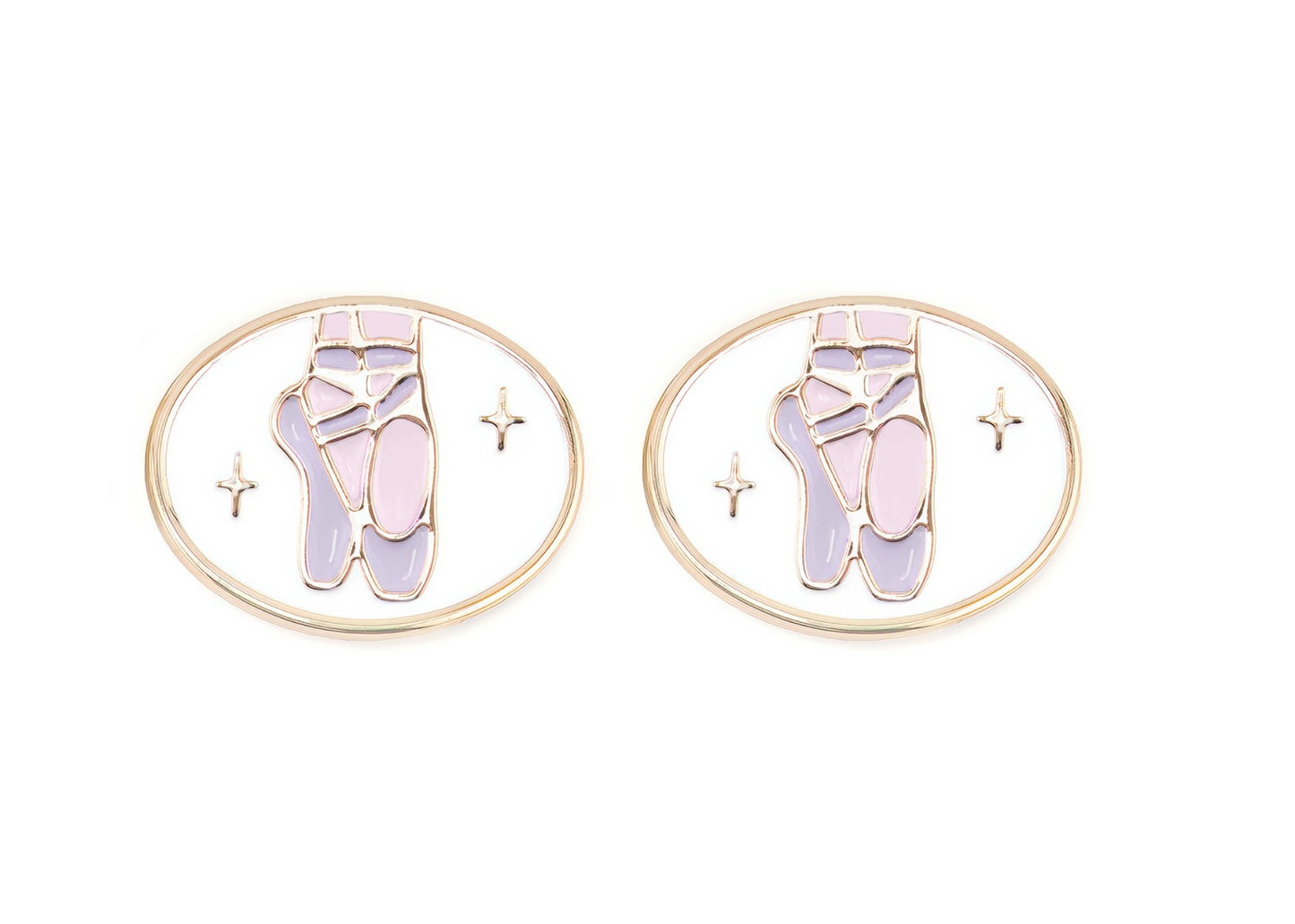 Pair of charms for girls eyeglasses with purple ballet shoes design on a white background