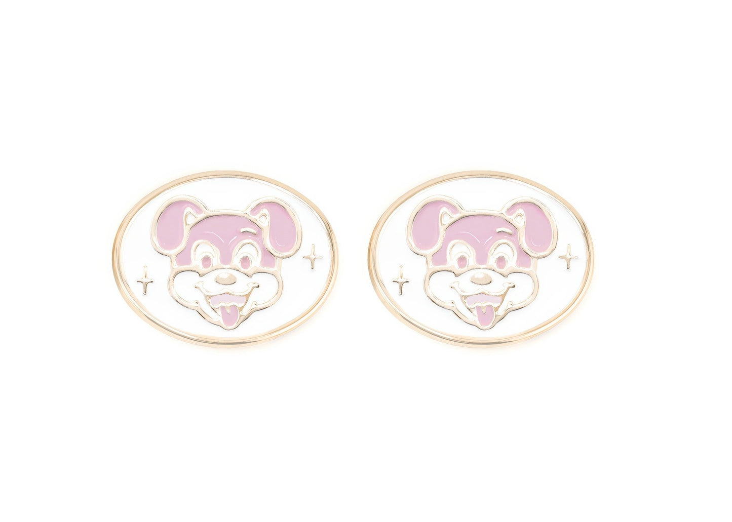 Pair of charms for girls eyeglasses with pink puppy design on a white background