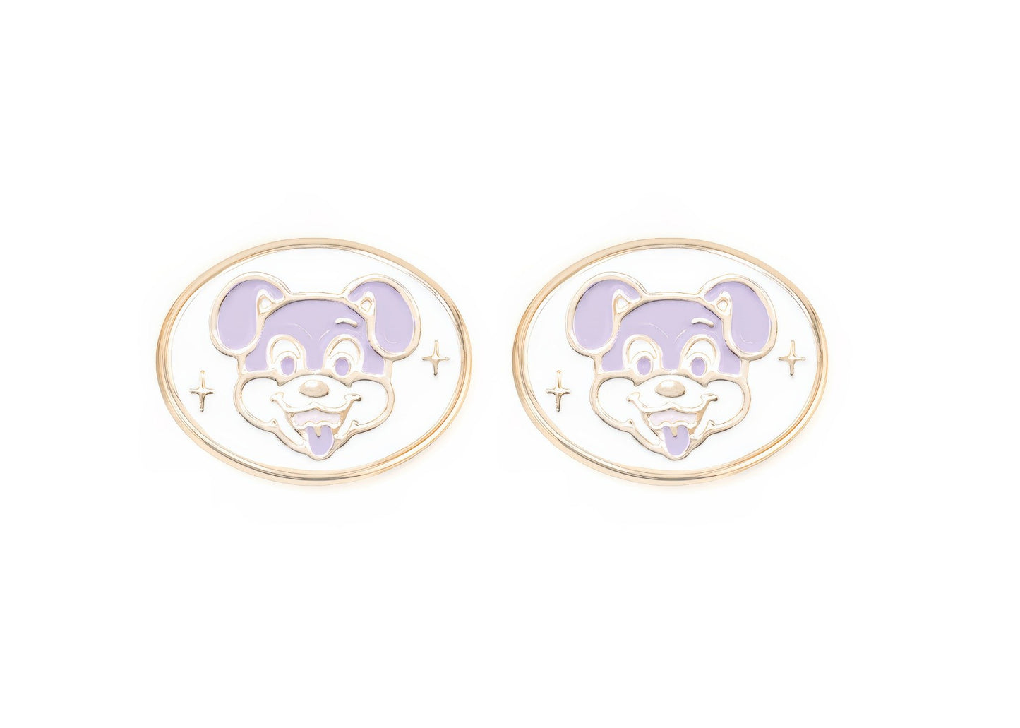 Pair of charms for girls eyeglasses with purple puppy design on a white background