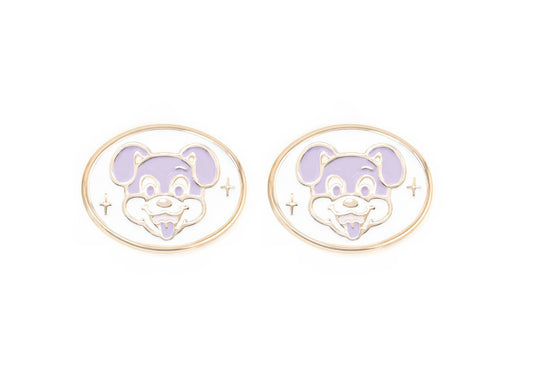 Pair of charms for girls eyeglasses with purple puppy design on a white background