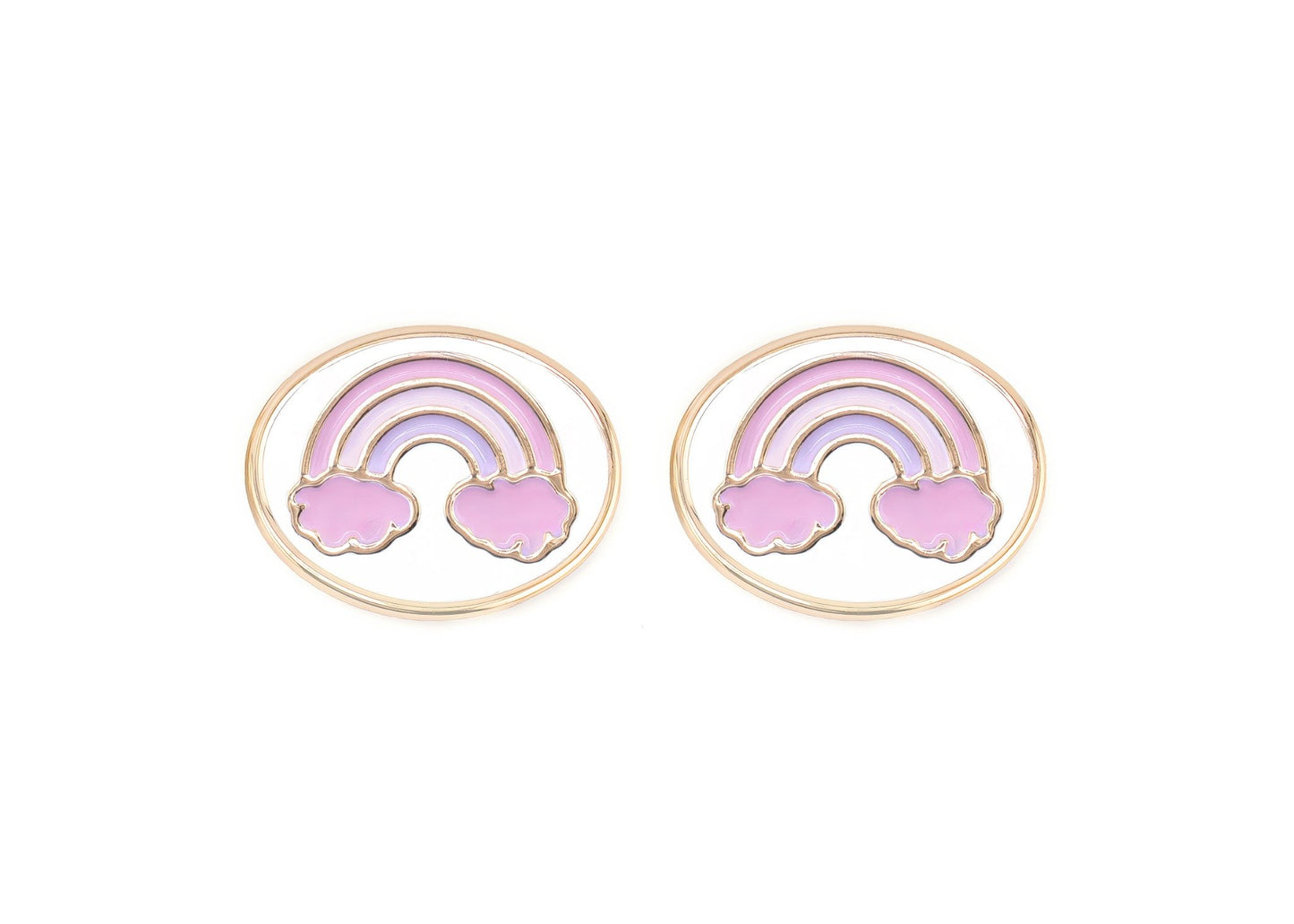 Pair of charms for girls eyeglasses with pink and purple rainbow design on a white background