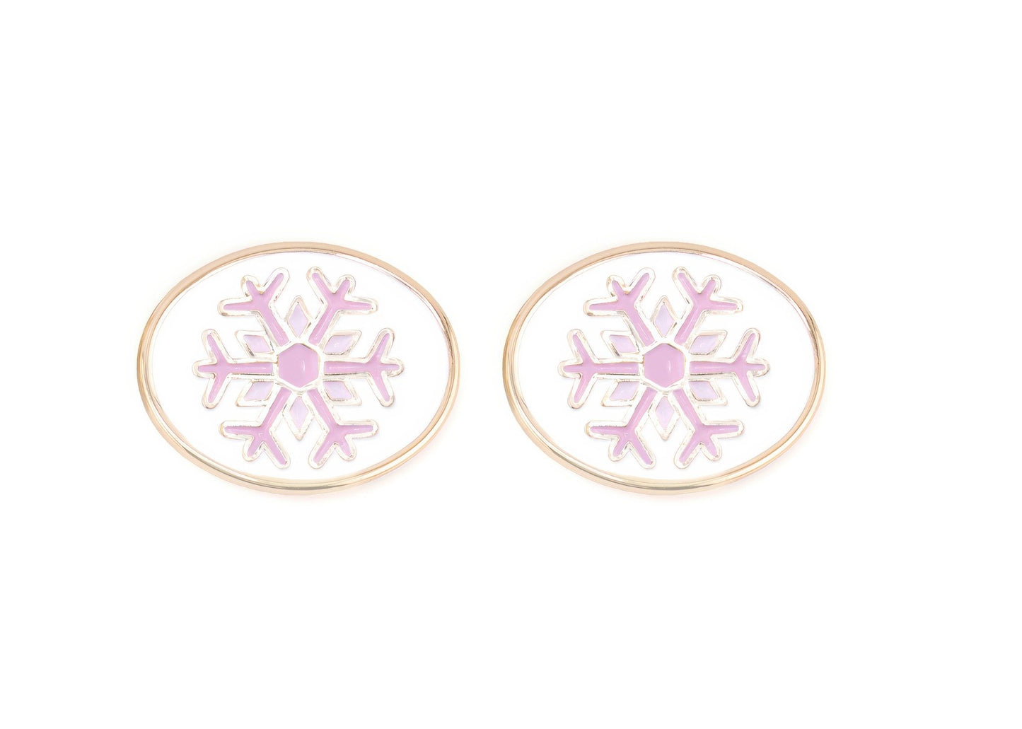 Pair of earrings with pink snowflake design on a white background