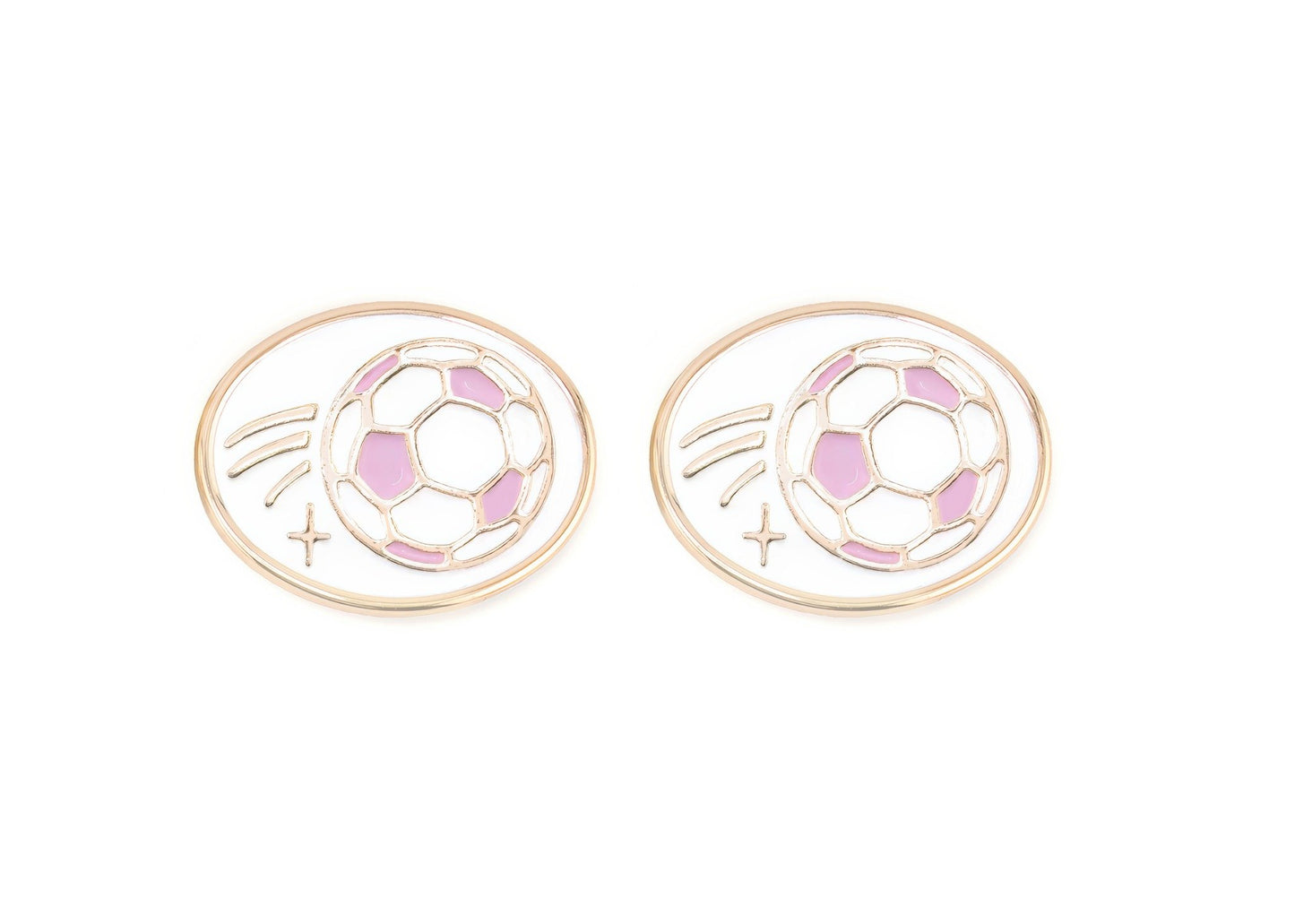 Pair of earrings with pink soccer ball design on a white background